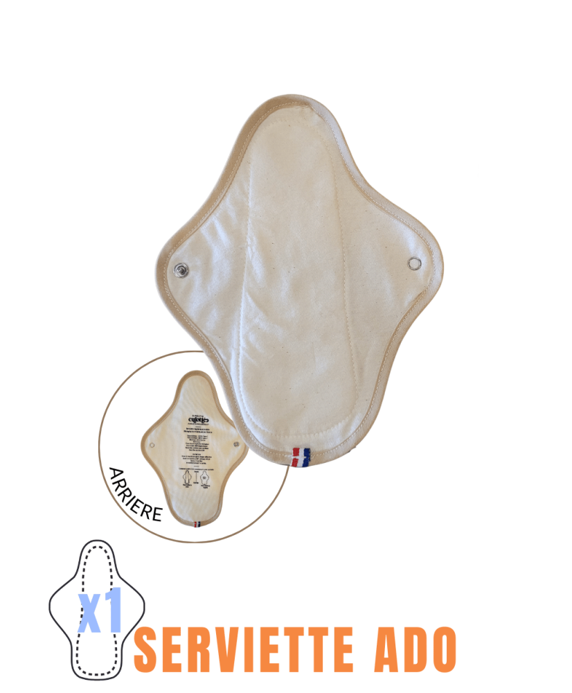 Serviette lavable biologique, écrue, made in france, pour jeunes filles.