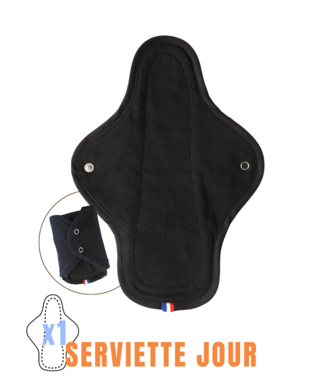 Protection hygiénique lavable noire, flux moyen, modele JOUR - Bio et fabriqué en France